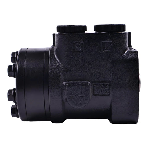 Side view of black hydraulic steering control unit orbitrol valve with two top caps