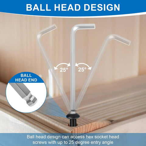 Ball head design detail of 9 Piece Ball End Hex Key Set in Chrome Vanadium Metric 1.5 To 10mm Hex Wrenches With Ergonomic Non Slip Portable Case For Furniture Bikes Electronics And DIY Projects Heavy Duty Pro Grade