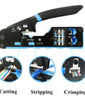 Pro Network Tool Kit For Cat6 Cat5e Cat5 With Pass Through RJ45 Crimp Tool close-up showing cutting, stripping, crimping functions