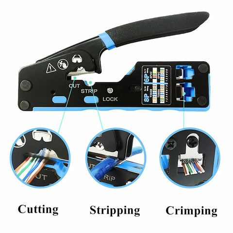 Pro Network Tool Kit For Cat6 Cat5e Cat5 With Pass Through RJ45 Crimp Tool close-up showing cutting, stripping, crimping functions