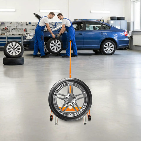 Beefy Heavy Duty Tire Dolly For Garage And Auto Repair Wheel Tire Moving Cart with car and mechanics in workshop.
