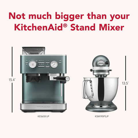 Semi Automatic Espresso Machine With Built In Burr Grinder In Juniper Color next to KitchenAid Stand Mixer for size comparison