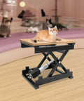 Sturdy Electric Scissor Lift Table With Remote And Manual Control Holds 130 Lbs in a room, featuring a cat on the wooden top.