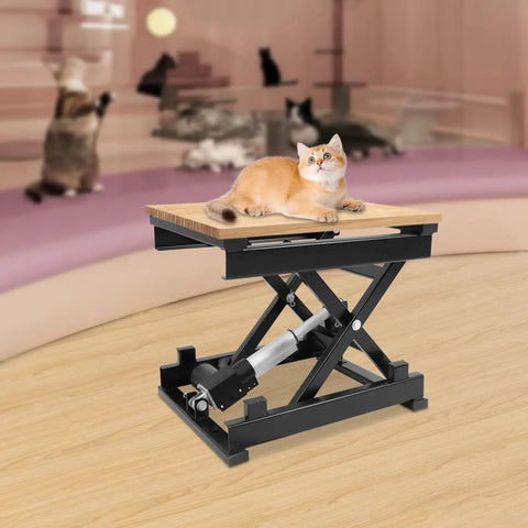 Sturdy Electric Scissor Lift Table With Remote And Manual Control Holds 130 Lbs in a room, featuring a cat on the wooden top.