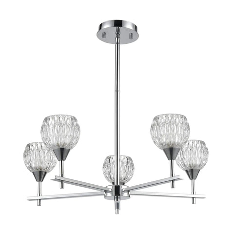 Five-Light Glass Crystal Chandelier In Polished Chrome 24 Inch Wide Hardwired Ceiling Mount Fixture With Dazzling Deep-Ridged Crystal Shades For Bright Modern Dining Room Vibe, frontal view.