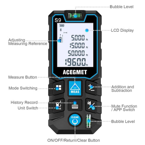 Pro Grade Laser Measure With App Connectivity, 229ft Range 70m, LCD Backlit Display, IP54 Waterproof, S9 model with buttons