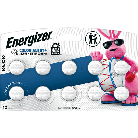 Heavy Hitters Cr2032 3V Lithium Coin Batteries 10 Pack in a pack with child-resistant features and Energizer branding.