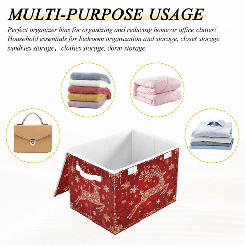 Straight Up Premium Reindeer Collapsible Storage Bins With Lids, Heavy Duty Fabric Organizers For Clothes, stackable bin with grip handles.