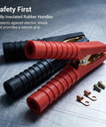 Heavy Duty 300A Alligator Clips For Car Battery Chargers And Jumper Cables Spring Loaded Insulated Replacement Clamps showing red and black rubber handles.