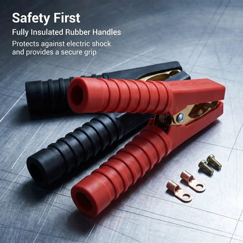 Heavy Duty 300A Alligator Clips For Car Battery Chargers And Jumper Cables Spring Loaded Insulated Replacement Clamps showing red and black rubber handles.