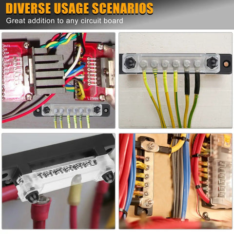 Badass 150A Negative Bus Bar Power Distribution Block For 12V Marine And Automotive Grounding Kits shown in wiring setups.