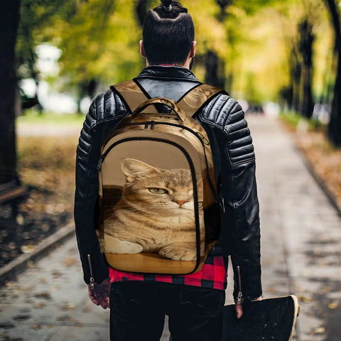 Man wearing Indoor Striped Cat Printed Backpack For Unisex Use, Large Capacity Everyday Carryall on a city path