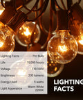 Close-up of 50ft Outdoor String Lights With 52 G40 Bulbs Incandescent Warm White 2200K Connectable And Dimmable, lighting facts display