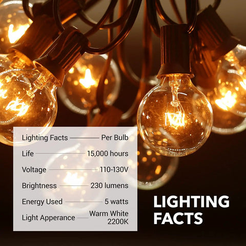 Close-up of 50ft Outdoor String Lights With 52 G40 Bulbs Incandescent Warm White 2200K Connectable And Dimmable, lighting facts display