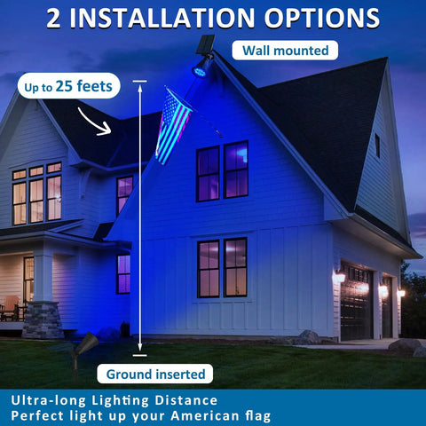 Blue Solar Spotlight Kit Two Pack Outdoor Landscape Lighting IP65 Waterproof 200LM Adjustable Auto On Off illuminating house