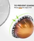 120 Pack Aluminum Foil Seal Lids For Reusable Nespresso Pods Vertuo Compatible With Nespresso Refillable Capsule Easy Snap On Tight Seal For VertuoLine And Vertuo Plus Keeps Coffee Fresh shown with installation instructions on capsule