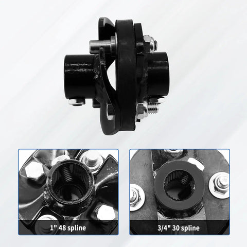 Universal Steering Rag Joint Coupler Solid Billet Steel Dead On Zero Slap Flex Shaft Adapter showing 1" 48 spline and 3/4" 30 spline ends.