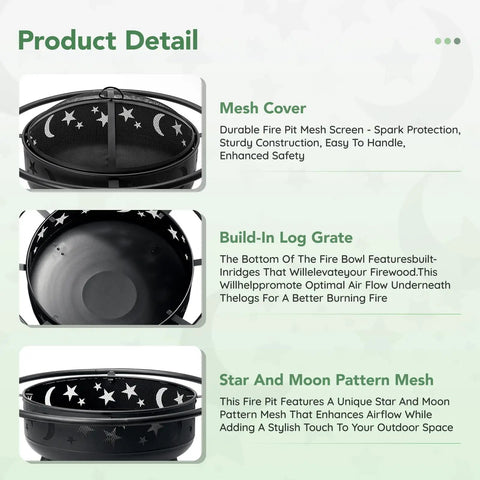 32 Inch Round Fire Pit With Mesh Cover And Fire Poker Star And Moon Design Wood Burning Outdoor Firepit detail view