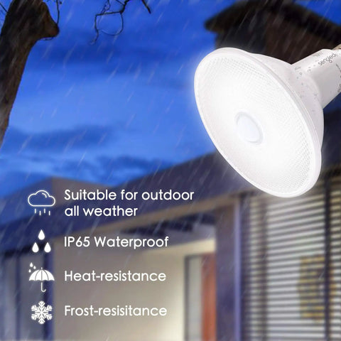2-Pack Motion Sensor Outdoor Flood Light Bulbs PAR38 LED in outdoor setting, suitable for all weather, IP65 waterproof, energy saver
