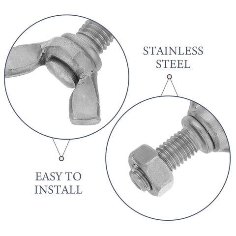 Six Set Stainless Steel M8 Wing Bolts With Hex Nuts For Easy DIY Install On Display Racks, Machine Panels And Furniture, Durable Butterfly Screws For One Hand Tightening And Strong Secure Clamps, stainless steel wing bolt with hex nut close-up
