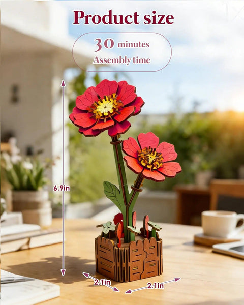 3D Wooden Flower Puzzles For Adults No Glue Needed Building Craft Kits For Cool Gift Ideas Housewarming And Relaxing Weekend Projects Laser Cut Realistic Floral Sets You Assemble And Display, showing blooming red flowers in a wooden base