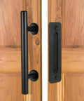 12 Inch Sliding Barn Door Handle Pull With Flush Back Plate, Matte Black Powder Coated Finish, Installed on Wooden Door Surface