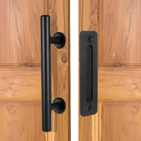 12 Inch Sliding Barn Door Handle Pull With Flush Back Plate, Matte Black Powder Coated Finish, Installed on Wooden Door Surface