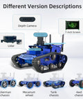 Jetson Nano Based AI Vision Robot Kit With Lidar And 7 Inch Touch Screen Depth Camera ROS2 Mapping Navigation Obstacle Avoidance High Torque Motors Cool Lights Hands On Robotics Project For Teens And Adults with different chassis versions.