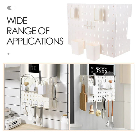 Hassle Free Plastic Pegboard Wall Organizer Covers Water Heater Pipes With Quick No Drill Mounting Beefy White Pipe Screen For Shops And Living Rooms Ultimate Room Refresh displaying kitchen utensils and tools