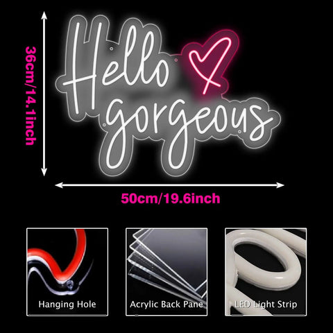 Hello Gorgeous Pink Neon Sign Light For Home Decor And Party Vibes LED Neon Strip Wall Art with dimensions and components
