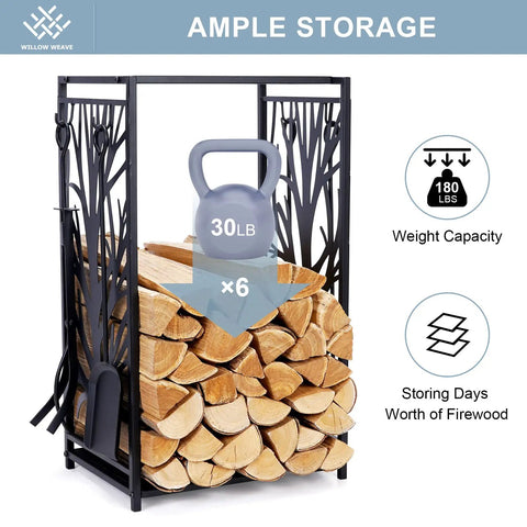 Compact Firewood Rack And Four Tool Set For Fireplace, Log Holder With Brush, Shovel, Poker And Tongs, showcasing wood storage and 180 lb capacity
