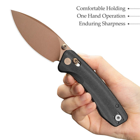 Hand holding Koala Plus-BM Folding Knife With 2.99 Inch Blade For EDC And Camping, 14C28N Stainless Steel, black micarta handle