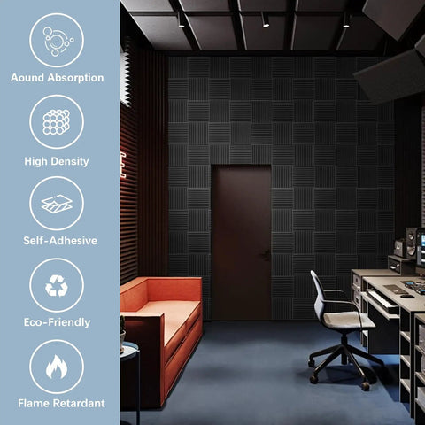 Top Shelf Studio Gear 48 Pack Premium High Density Acoustic Foam Panels 12 By 12 Inch Wedge Design on studio wall.