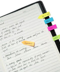 All In One Sticky Notes Set With Dual Scale Ruler Inches And Centimeters; colored sticky notes and arrow flags used in a notebook.