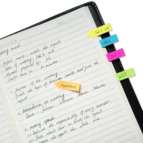 All In One Sticky Notes Set With Dual Scale Ruler Inches And Centimeters; colored sticky notes and arrow flags used in a notebook.