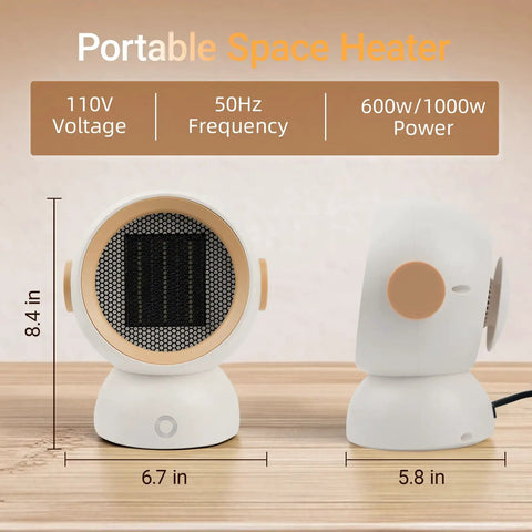 Tiny But Mighty Ceramic Space Heater With 1200W Quick Heat Two Modes Ultra Quiet Personal Heater dimensions and side view