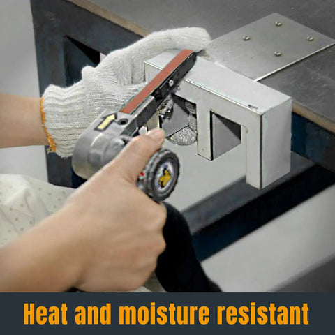 Worker using mini belt sander with Half Inch By Eighteen Inch Aluminum Oxide Sanding Belts 20 Pack 150 Grit