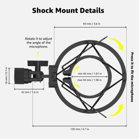 Diagram of Microphone Shock Mount For 48 To 51mm Condenser Mics, showing measurements and adjustment directions.