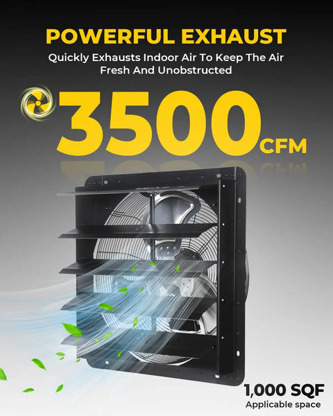 20 Inch Shutter Exhaust Fan Wall Mounted 3500 CFM With Pre Installed Power Cord, highlighting powerful air exhaust feature.