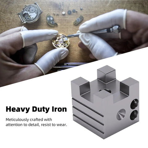 Watch Doming Block Tool For Horology Enthusiasts With Iron Doming And 12 Graduated Holes next to precision watch repair work.