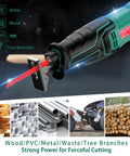 Beast Of A Corded Reciprocating Saw With Variable Speed Trigger, 6A Motor, 2800 SPM, shown cutting wood and metal, DIY projects.