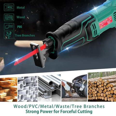 Beast Of A Corded Reciprocating Saw With Variable Speed Trigger, 6A Motor, 2800 SPM, shown cutting wood and metal, DIY projects.
