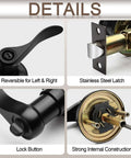 Details of Six Pack Matte Black Door Handles Privacy Levers with reversible design, stainless steel latch, and lock button.