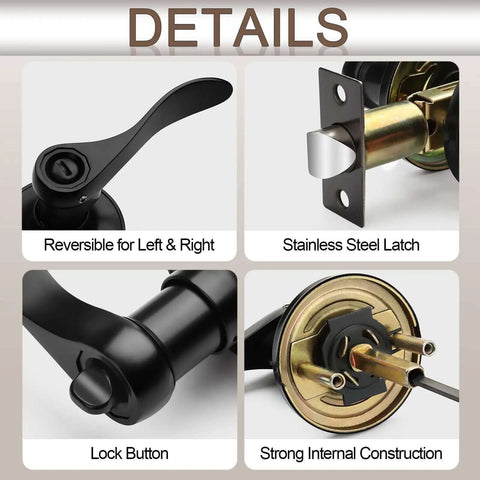 Details of Six Pack Matte Black Door Handles Privacy Levers with reversible design, stainless steel latch, and lock button.