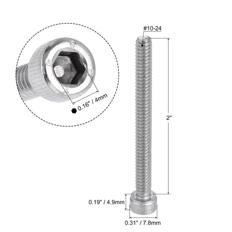 Badass Heavy Duty 10-24 X 2 Inch Hex Socket Head Cap Screws Built Tough With 304 Stainless Steel Polished Finish side view with measurements