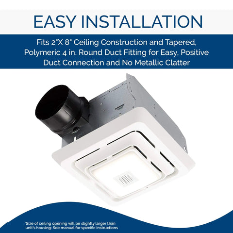 Bluetooth Speaker Ventilation Fan With LED Light For Bathrooms And Rooms, 80 CFM Exhaust, 2.5 Sones, White Finish, easy install
