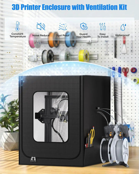 Heavy Duty 3D Printer Enclosure With Ventilation Kit And LED Light shown in a workshop setting.