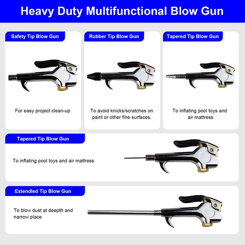 Heavy Duty 20-Piece Air Tool Kit with blow gun tips for various uses, ideal for DIY auto garage inflation and cleanups, die-cast aluminum.