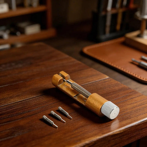 Heavy Duty Metal Watch Link Remover Tool With Micro Adjustment Slider showing full view with 3 extra pins on wooden table.