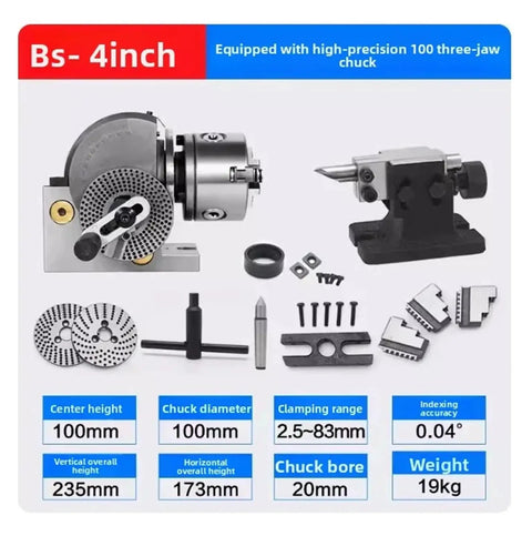 Rock Solid CNC Rotary Axis Universal Dividing Head With Quick Index Three Jaw Chuck And Steady Tailstock with specifications image.